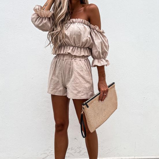 2ks/sada Dámské Odpovídající sada Volánky Polorukáv Dáma Letní Crop Tops Šortky Outwear Sexy plážová souprava pro denní nošení