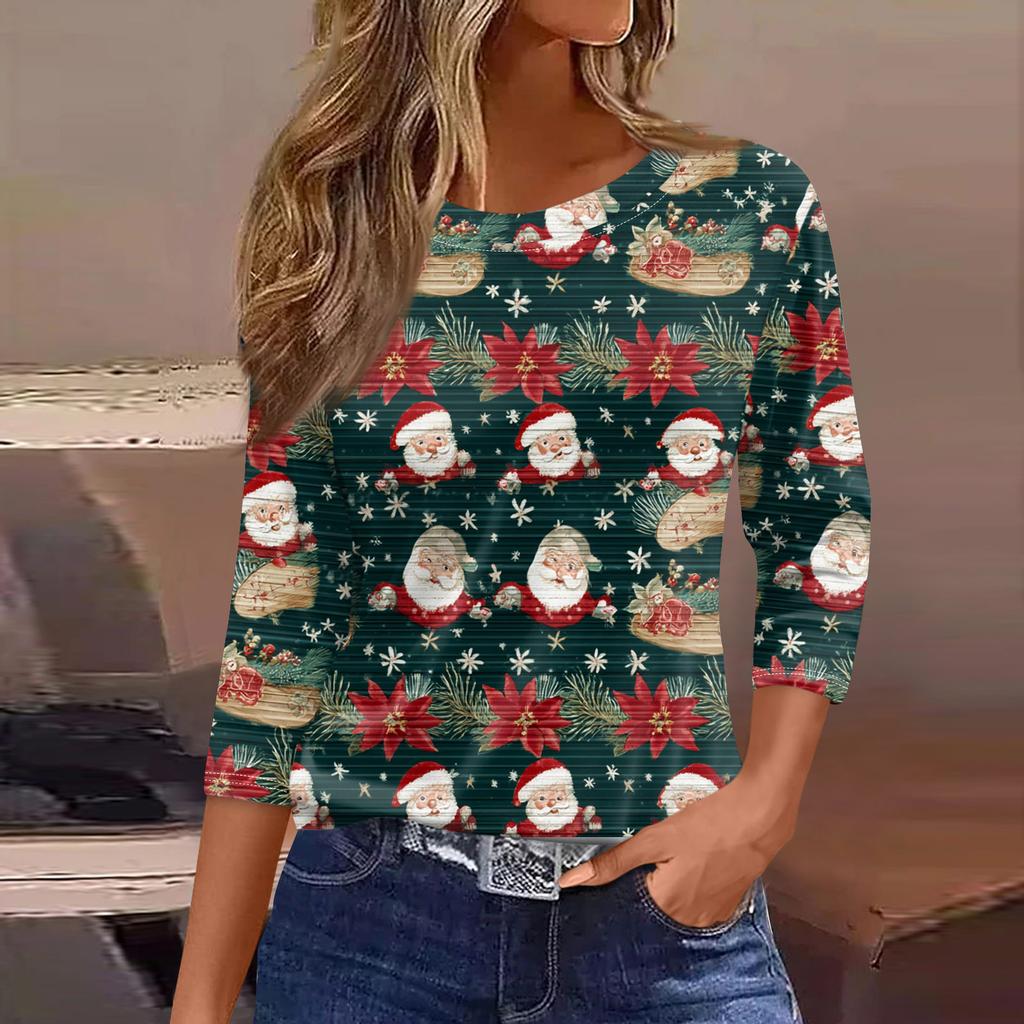 Women's Fashionable Casual Three Quarter Sleeve Christmas Printed Round Neck Top