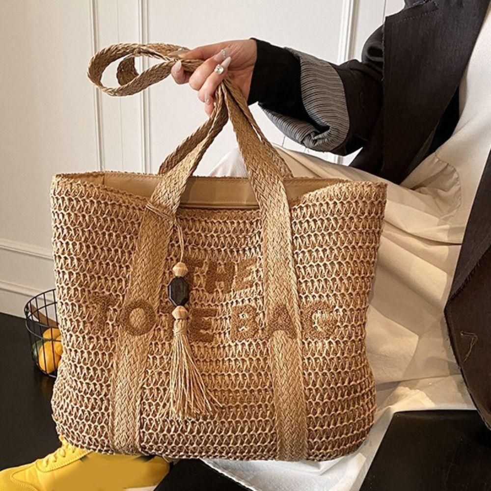 Bohemian Weave Tote Bag Hollow Out Summer Beach Bag Simple Straw Shoulder Bag  Outdoor