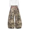 Streetwear Loose Fit Denim Pants With Embroidered Letters Camo Branch Print Men Women