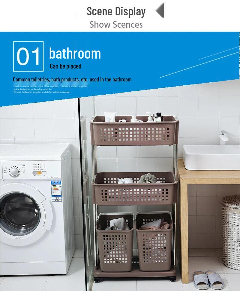 Three-Tier Rolling Storage Rack: Plastic Shelf for Bathroom, Kitchen, or Laundry.