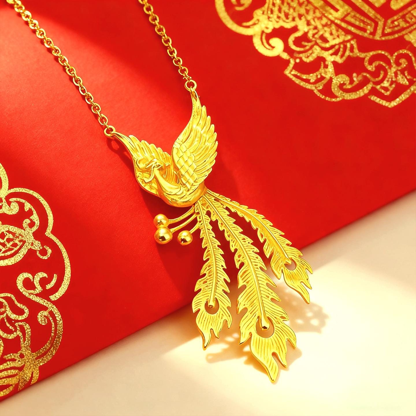 Chinese Style Phoenix Necklace Set: Sand Gold, Bridal Jewelry, Phoenix Dancing in Nine Heavens.