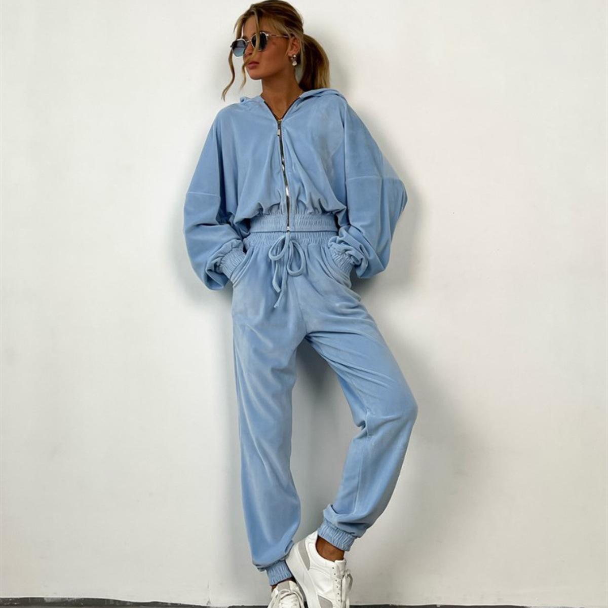 

Light Green Casual Hooded Zip-Up Jacket with High-Waisted Drawstring Jogger Pants Set S синій