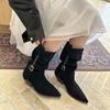 Retro style heightened and thin pleated stacking boots brown Maillard medium boots women's thick heel western cowboy boots short boots