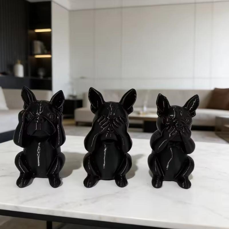 Three Smart Dog French Bulldog Statue Ornament, Listen, Look, Speak Smart Dog Statue, Desktop Decoration Gift For Dog Lovers чёрный