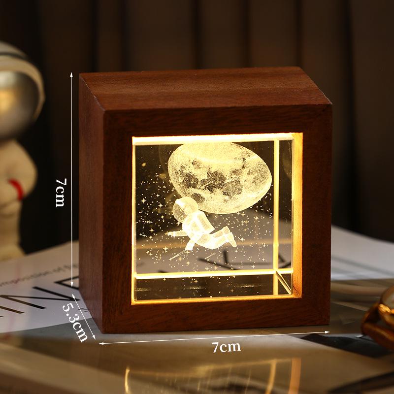 3D Galaxy Crystal Cube Night Light with Wooden Base - Illuminated Desktop Ornament, Perfect Birthday Gift