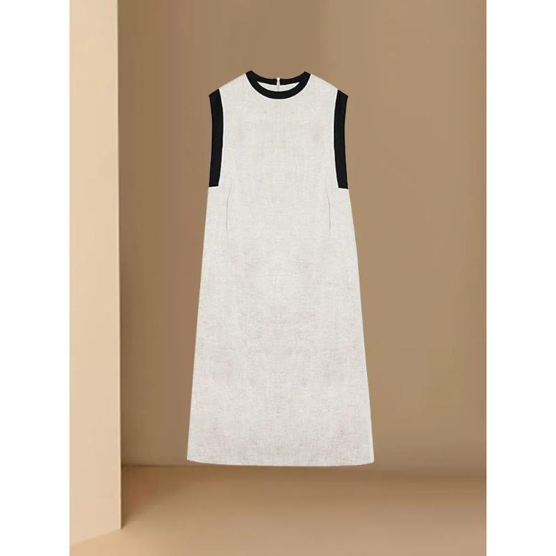

Lazy Style Contrast Color Linen Sleeveless Women Loose Stylish Simple Casual Long Dress S бежевий