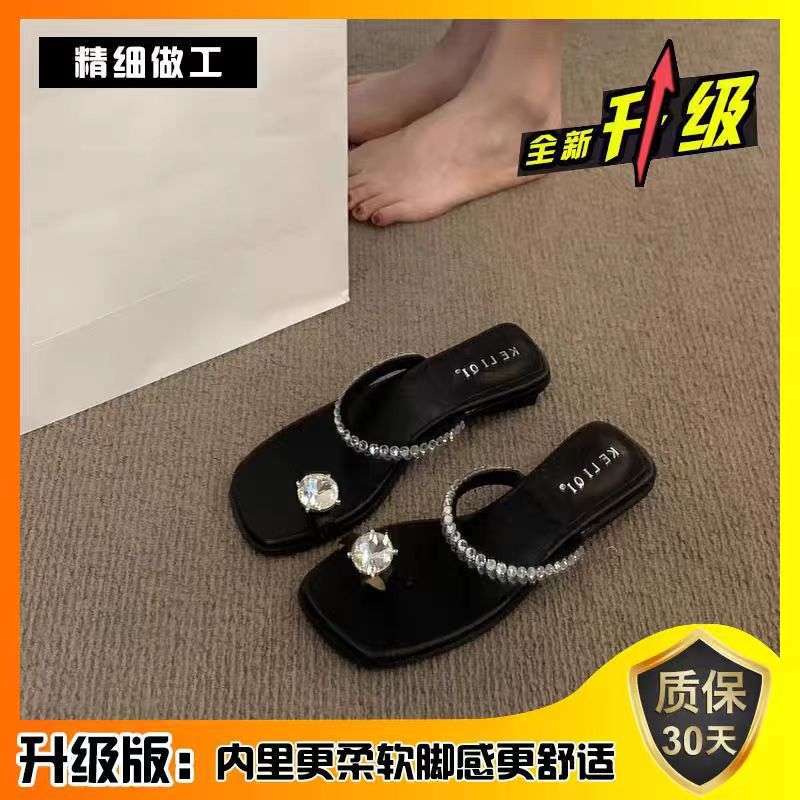 Spring and summer 2025 new rhinestone sandals outer wear women's shoes low heel square head cover toe fairy style with skirt sandals