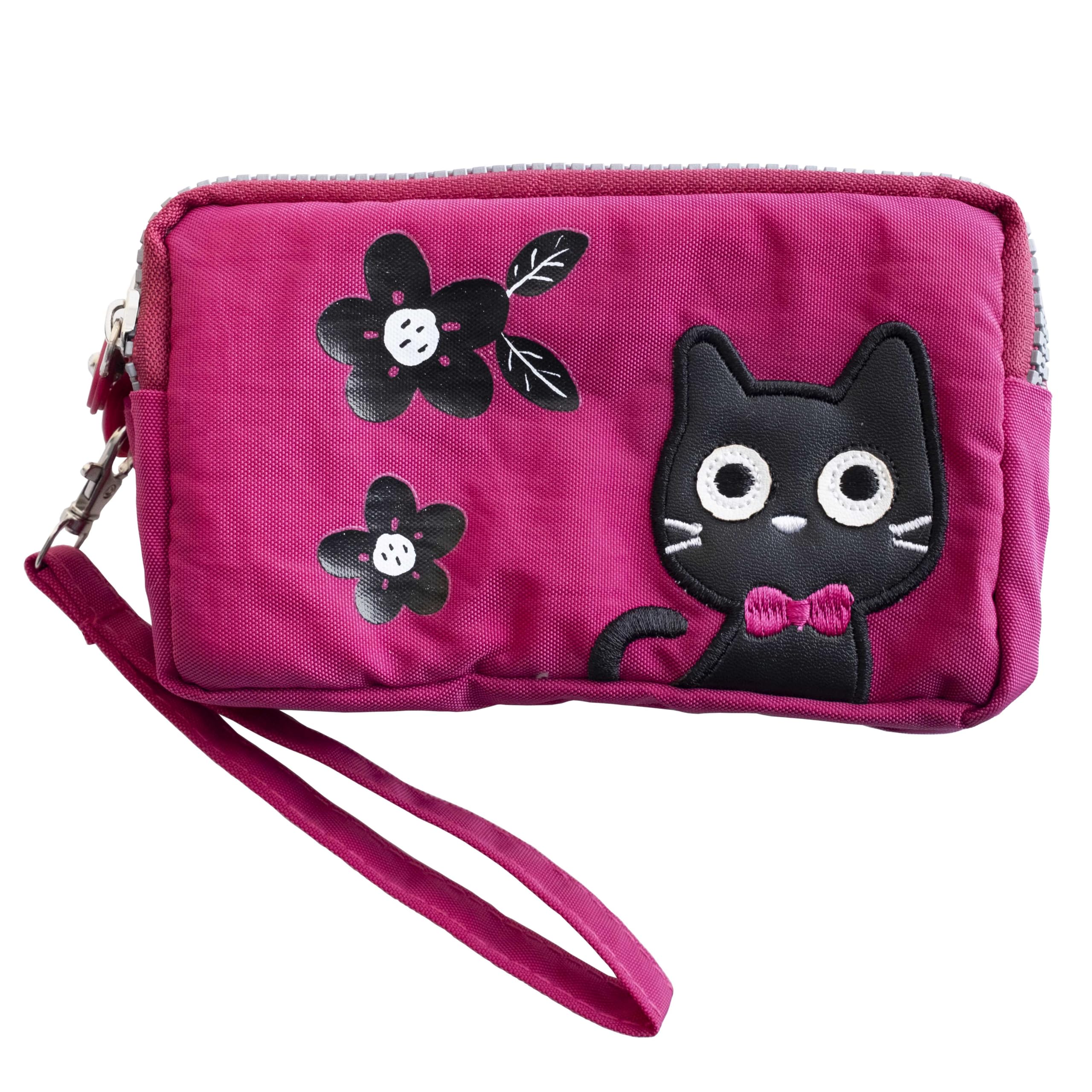 

Cat Makeup Pouch, Cosmetic Pouch with 3 Zippers, 3 Storage Areas, Cat Coin Purse, Small Item Organizer (D. Pink)