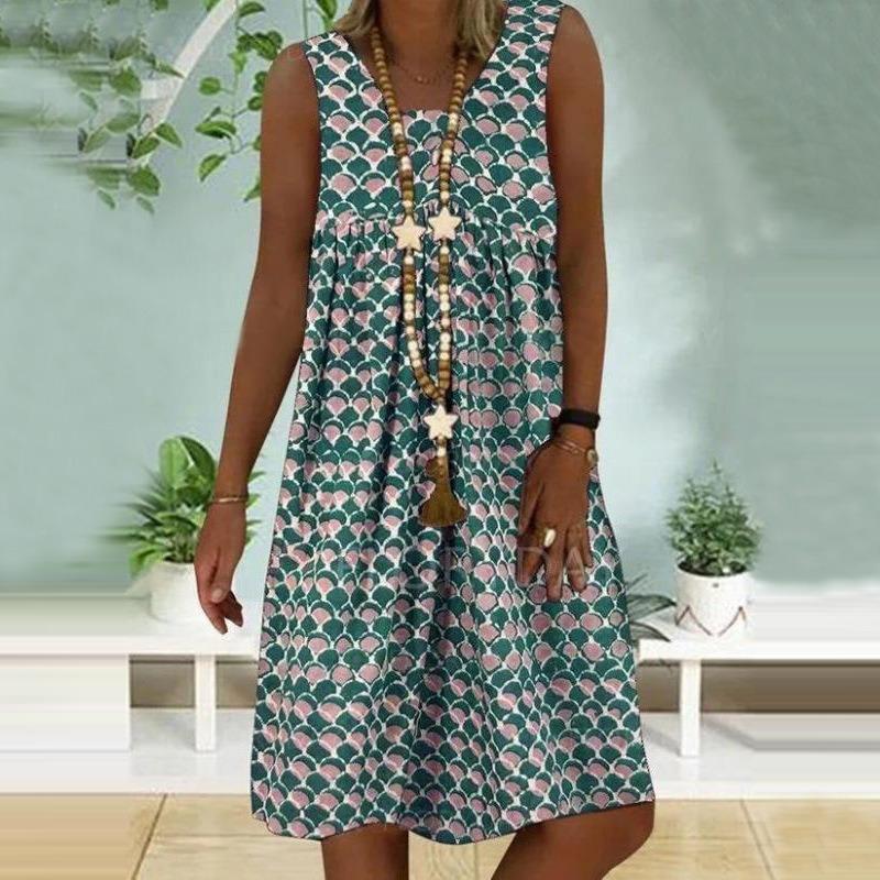 QICED Fashion Summer Spring Solid Color Print Sleeveless O-Neck Casual Dresses