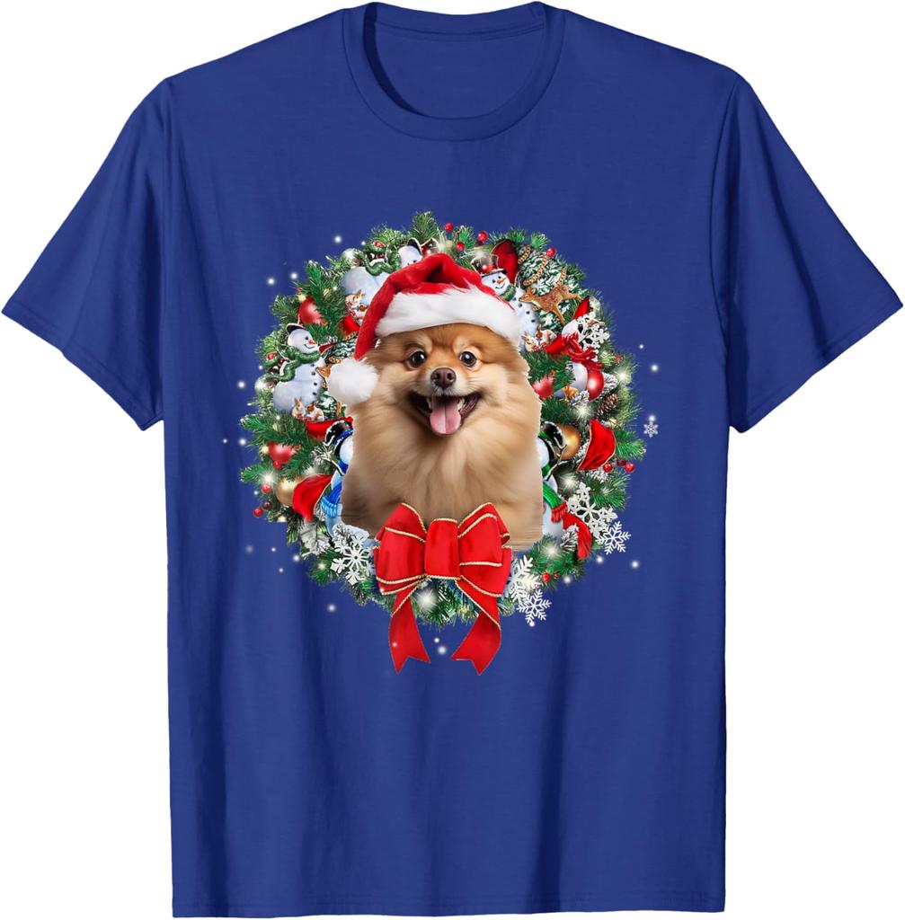 Pomeranian Christmas Wreath Graphic Tee Cute Dog Lover Casual Short Sleeve T-Shirt