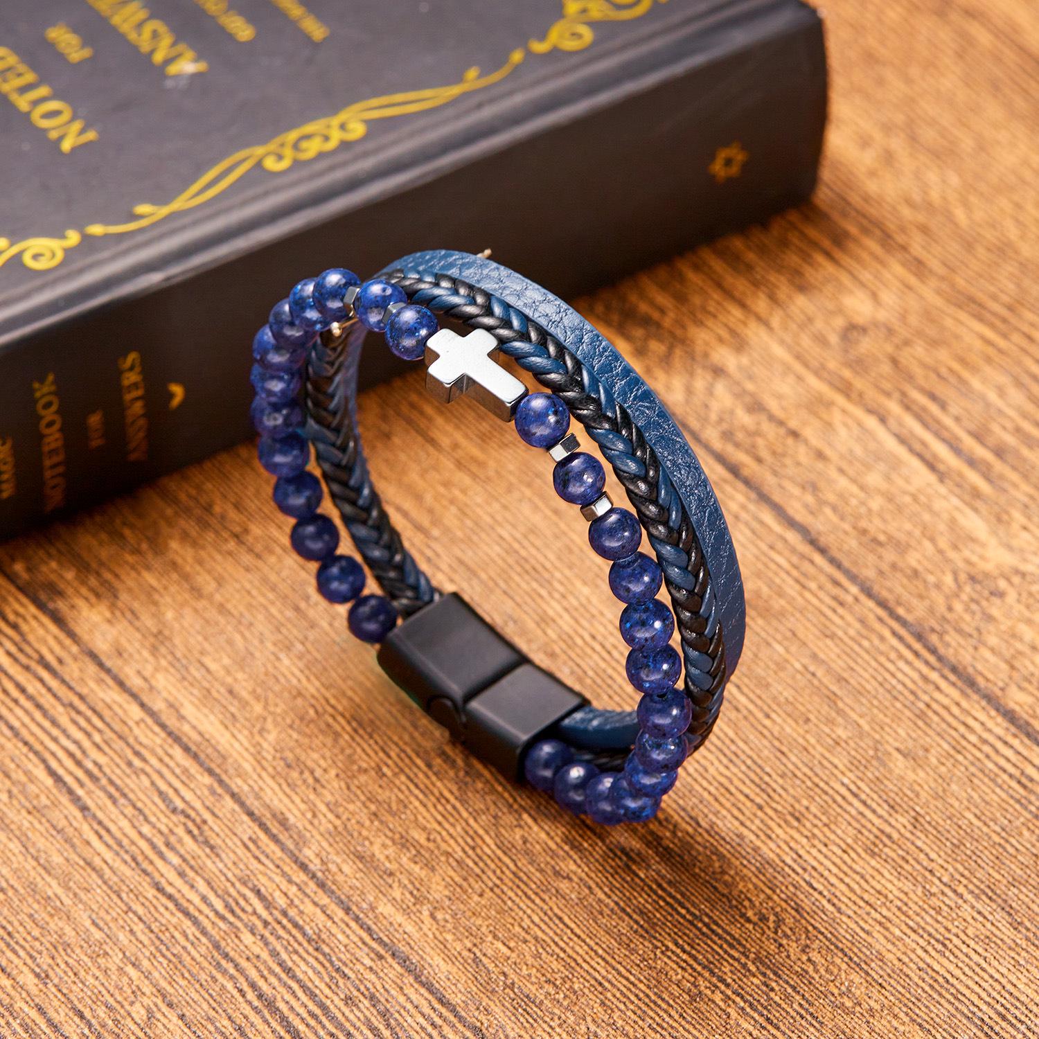 Винтажный бирюзовый кристалл, цветочный, трехслойный кожаный браслет