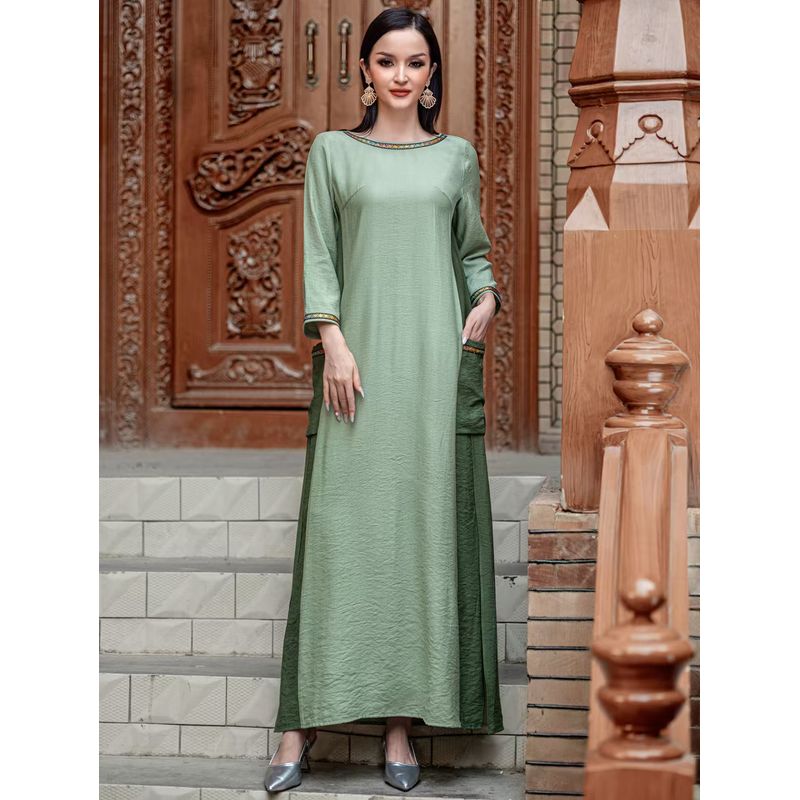 

Middle East New Fashion Patchwork round Neck Pocket Robe Dress Color Blocked Pocket Dress Green M