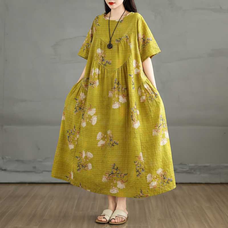 

Летнее ретро платье из хлопка и льна с круглым вырезом и короткими рукавами, женская свободная юбка L