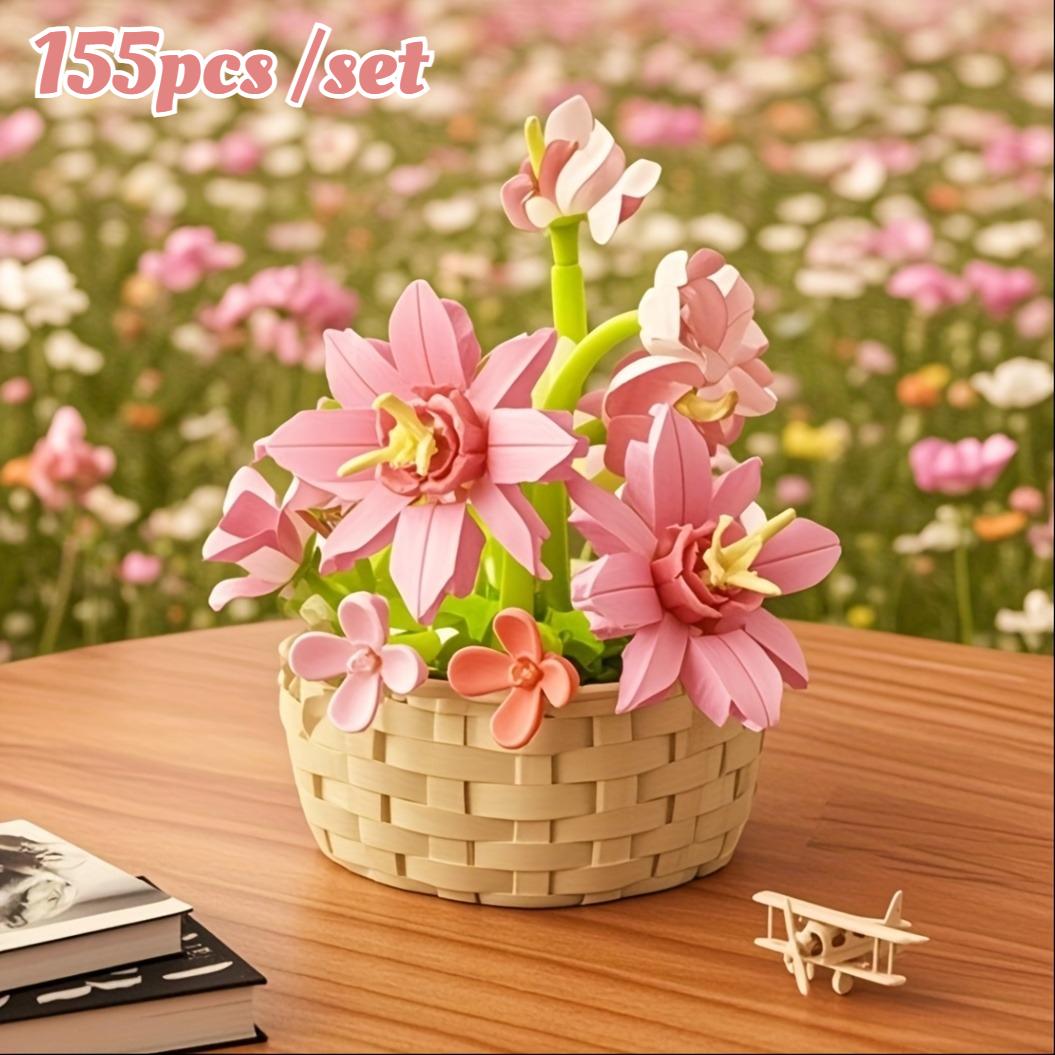 

1 Set DIY Building Blocks Flower Basket, Party Favor Craft Kit, Eternal Bouquet for Mother s Day Flowers & Gift Giving