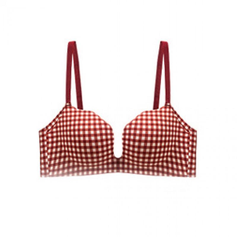 Womens Push Up Bra Thick Padded Non-empty Cup Comfortable Pure Desire Sexy Lingerie Red Plaid Daily Wear