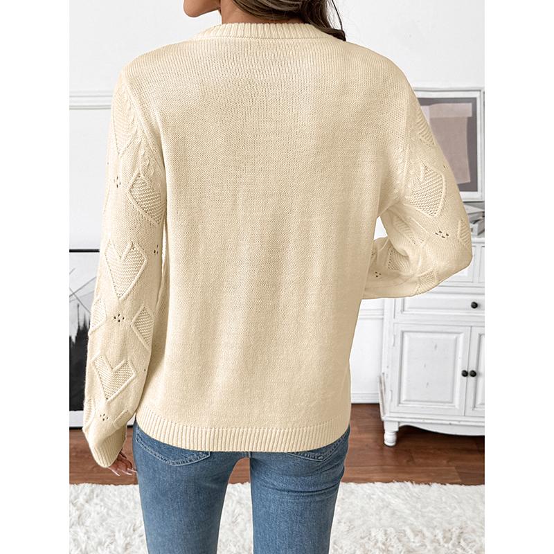 Autumn Round Neck Contrasting Color Heart Jacquard Knitted Sweater for Women's Casual Simple Hollow Out Versatile Sweater