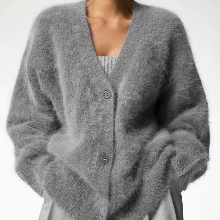 Imitation Mink Knitted Sweater Cardigan European, American Autumn and Winter Lazy Loose Long-sleeved V-neck Sweater Jacket Women