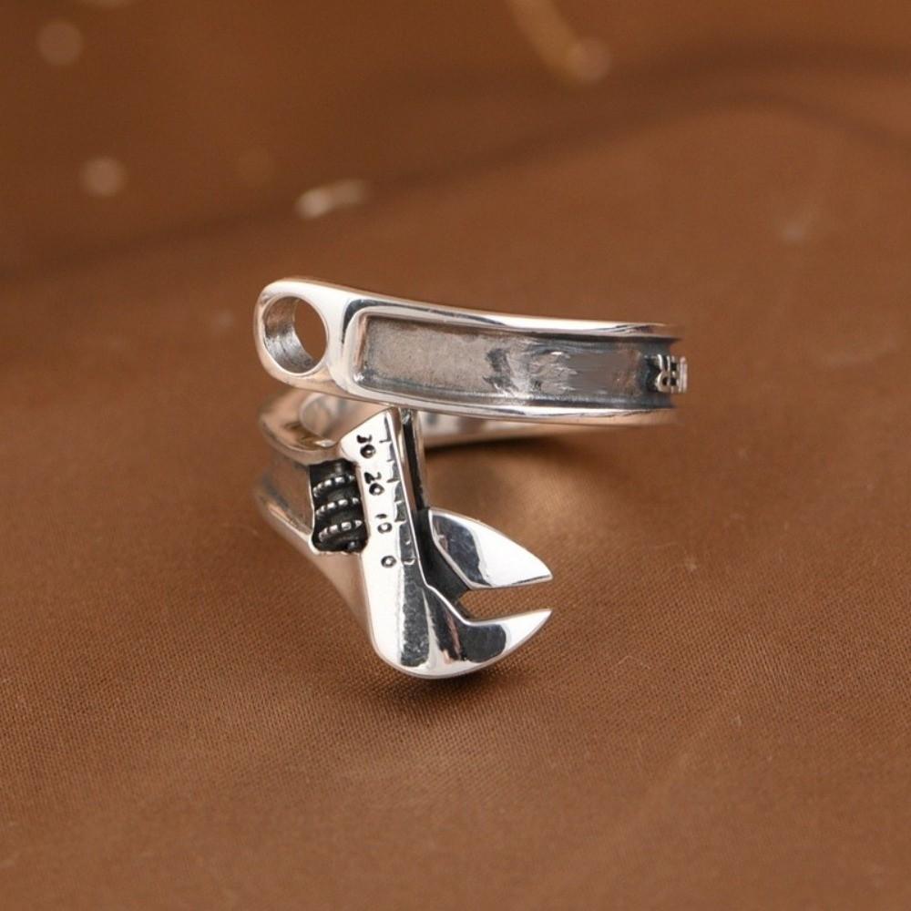 Heavy Duty Spanner Finger Ring Silver Plated Biker Jewelry Wrench-Shaped Open Ring Boys Girls