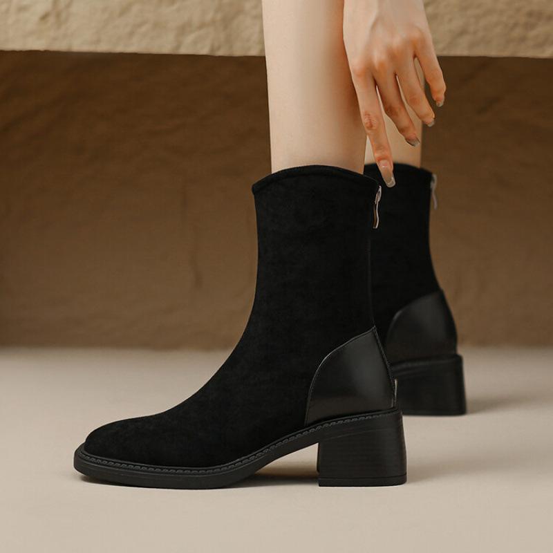 New Autumn and Winter Suede Medium Boots Large Size Women's Boots Thick-soled Non-slip Rear Zipper Leather Boots Korean Version Medium Heel Mart
