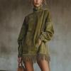 Female Clothing Party Dresses High Collar Suede Retro Loose Pocket Tassel Long Sleeve Dress Elegant Party Mini Dresses
