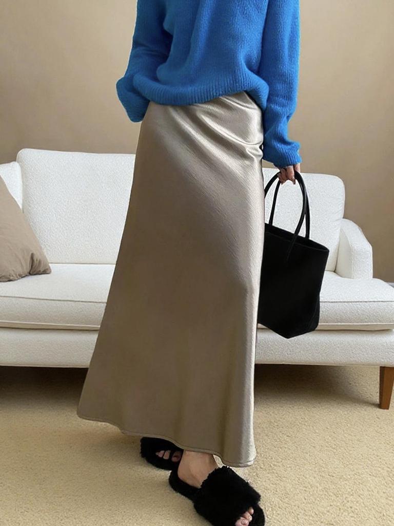 2025 High-Waisted Satin Mermaid Skirt - Women's Mid-Length A-Line in Autumn/Winter