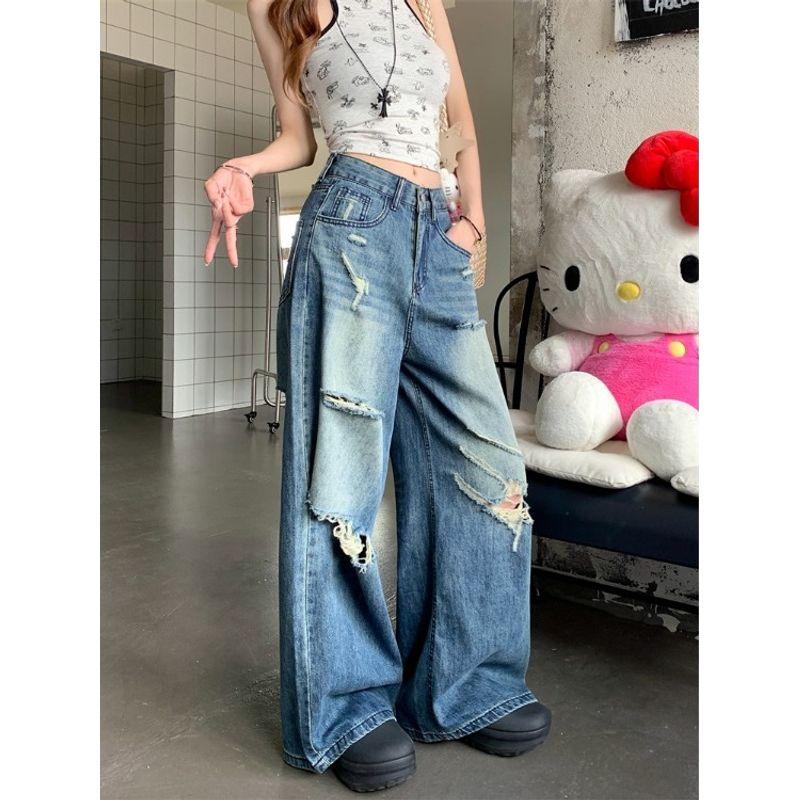 American Retro Ripped Drape Denim Female 2025 This Year Popular Loose All-Match Wide Leg Pants Mop Pants Pants