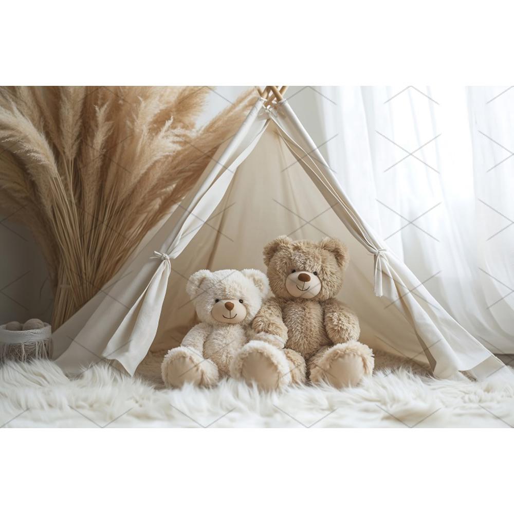 Boho Pampas Teddy Bear Photography Background Balloons Arch Tent Decor Cake Smash Baby 1st Birthday Indoor Photocall Backdrops