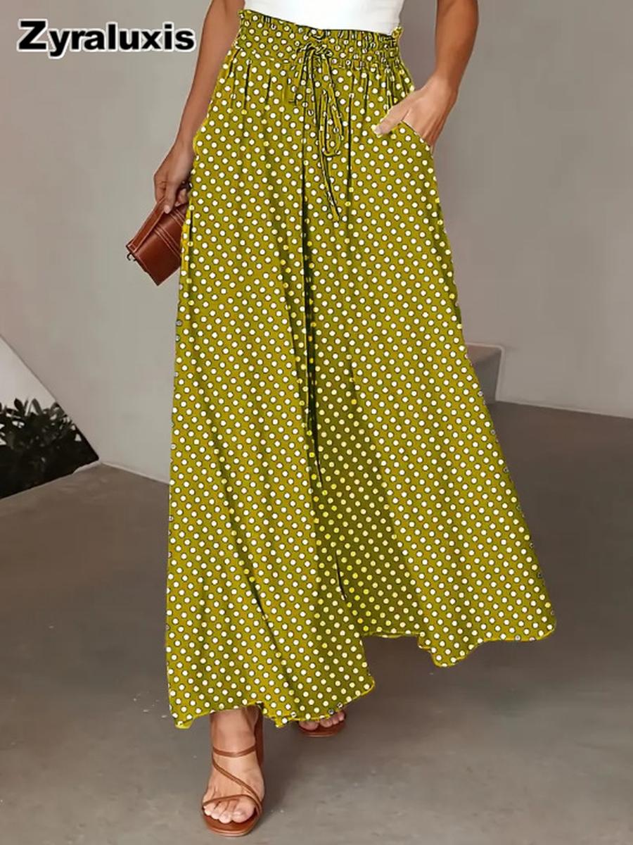 Women s Bohemian Wide Leg Pants High Waist Polka Dot Printed Long Skirt Pants S жёлтый