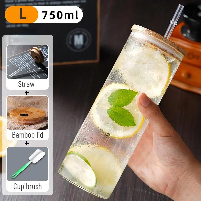 Drinking Cup Glasses with Bamboo Lid Juice Glass Straws Beer MugIce Coffee Mugs Cute Glasses Beer Jars Glasses Brush Drinkware