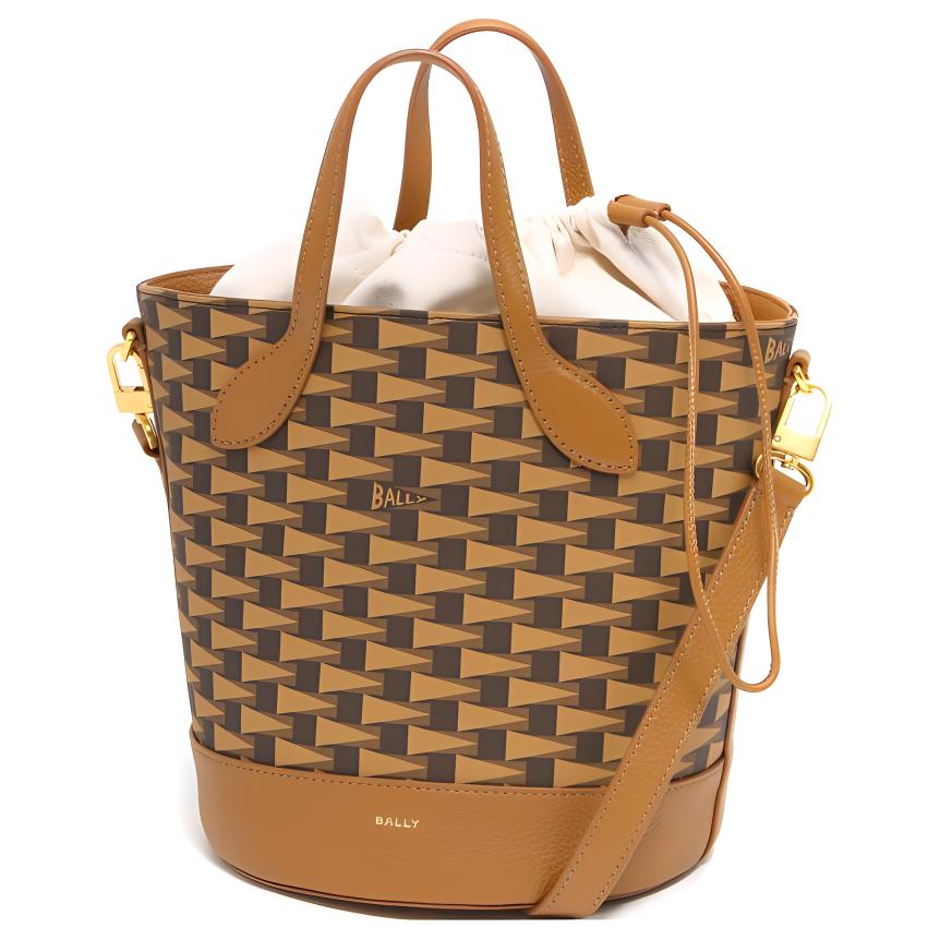 Bally Gold Logo Triangle Print Drawstring Closure Bucket Bag Women Handbags Brown 6304523
