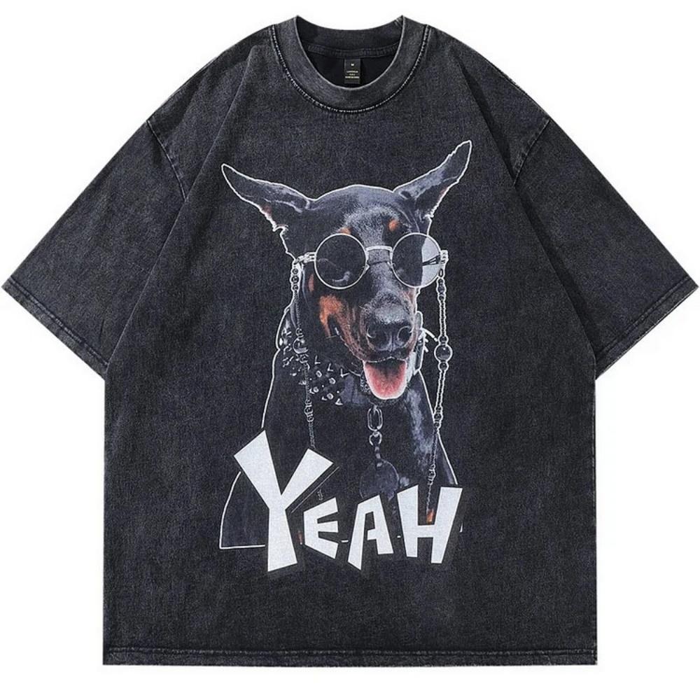 Винтажная футболка Streetwear Смешной доберман Графический принт Оверсайз Стиранная футболка High Street Diablo Старая футболка Hip Hop Футболки S разноцветный