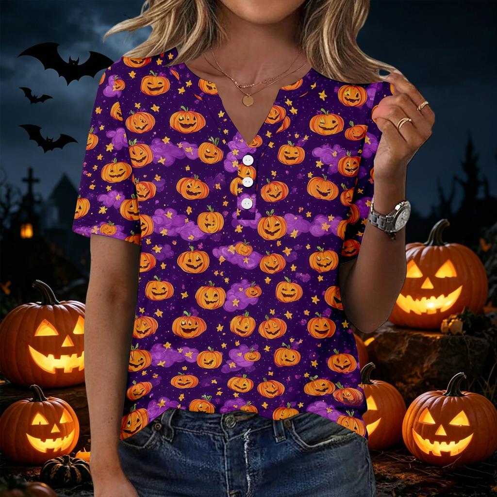 Women's Halloween Print Loose Fit V Neck Short Sleeve Top with Button Detail and Front Pocket Casual Blouse for Seasonal Wear