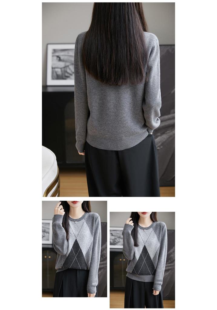 2024 Women's Diamond Pattern Wool Knit Sweater - Round Neck Base Layer for Autumn & Winter