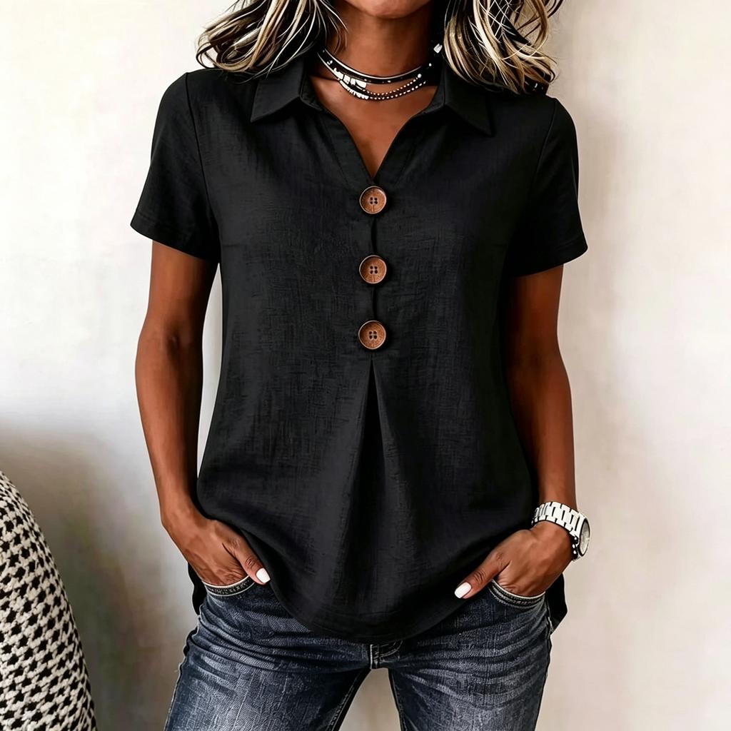 Women's Casual V Neck Button Front Shirt Short Sleeve Collared Blouse Lightweight Loose Fit Summer Top