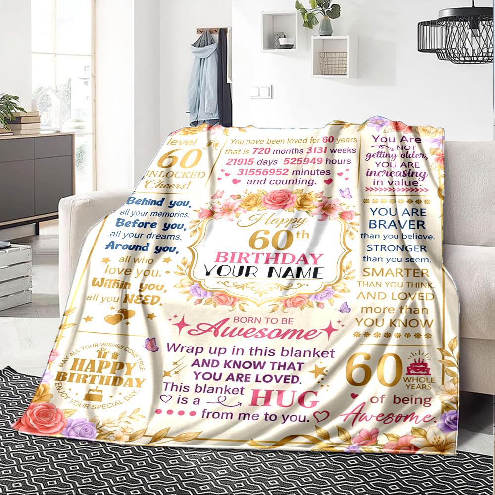 Happy 60Th Birthday Celebration Blanket Personalized Name Soft Comfortable Stylish Blanket Car Blanket Perfect For Travel Camping Outdoor Home