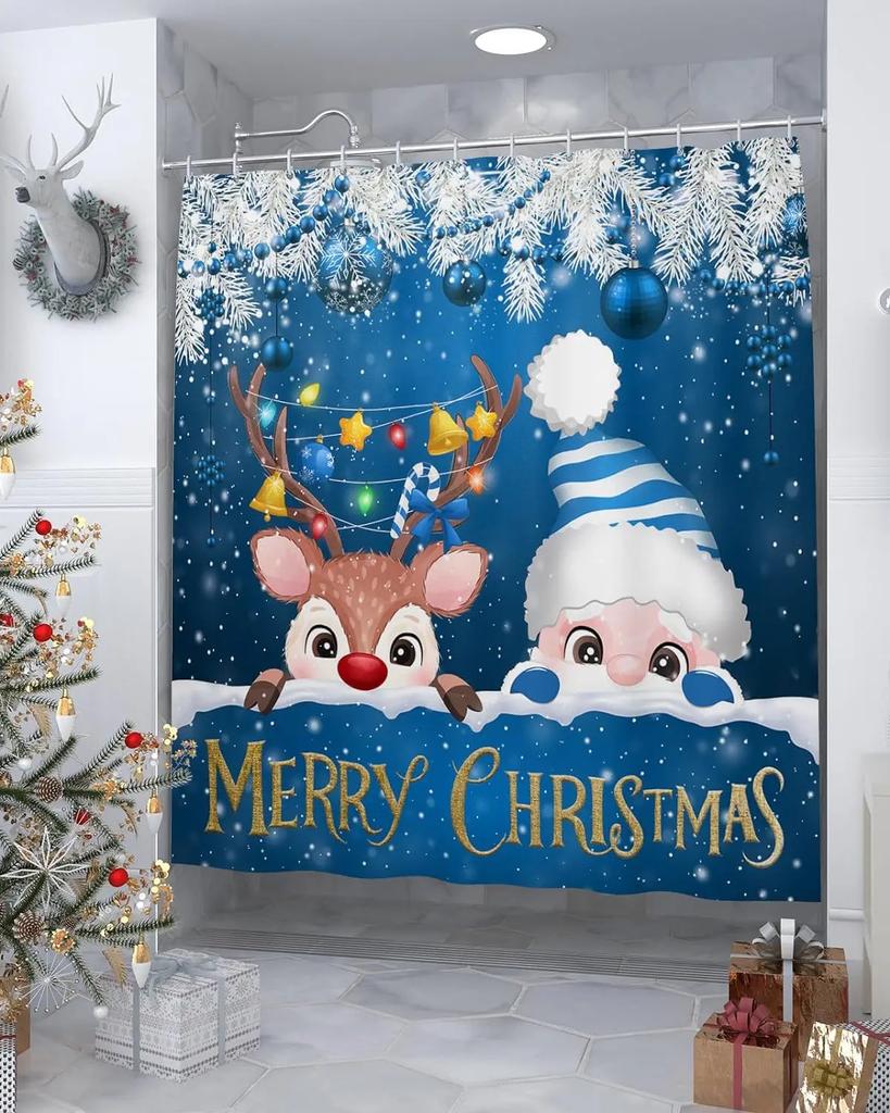Santa Claus Christmas Red Shower Curtain Happy New Year Gifts Deer Bathroom Decor Winter Holiday Polyester Fabric Bath Curtain