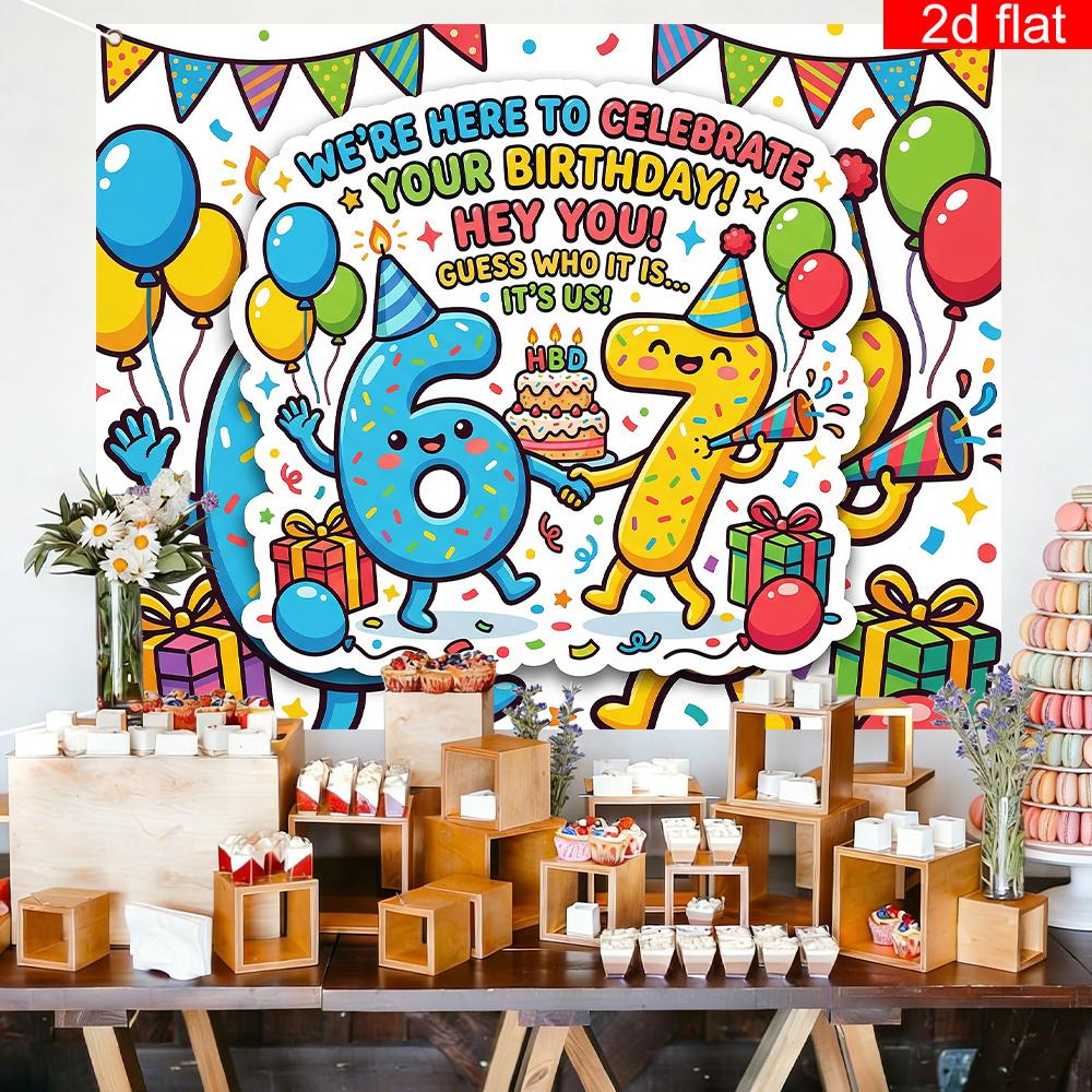 2D Flat Banner, 1 Piece, Cartoon Style 6/7th Birthday Theme Party Banner Background, Polyester, Birthday Cake