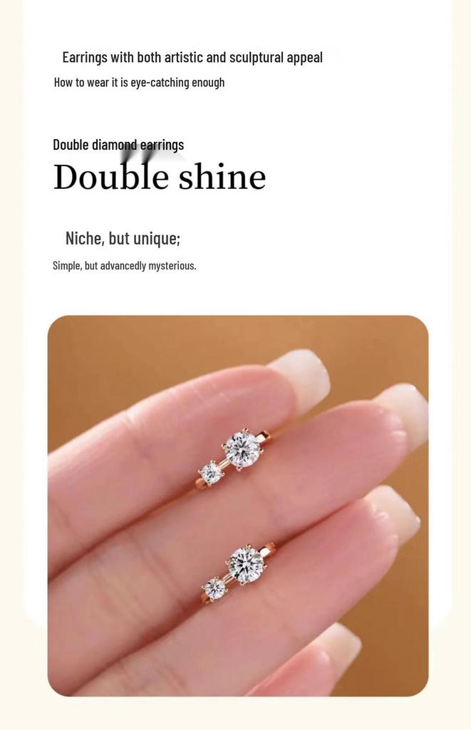 Genuine S925 Sterling Silver Double Diamond Moissanite Earrings Plated In 18K White Gold - Light Luxury Cold Style Hoops & Studs