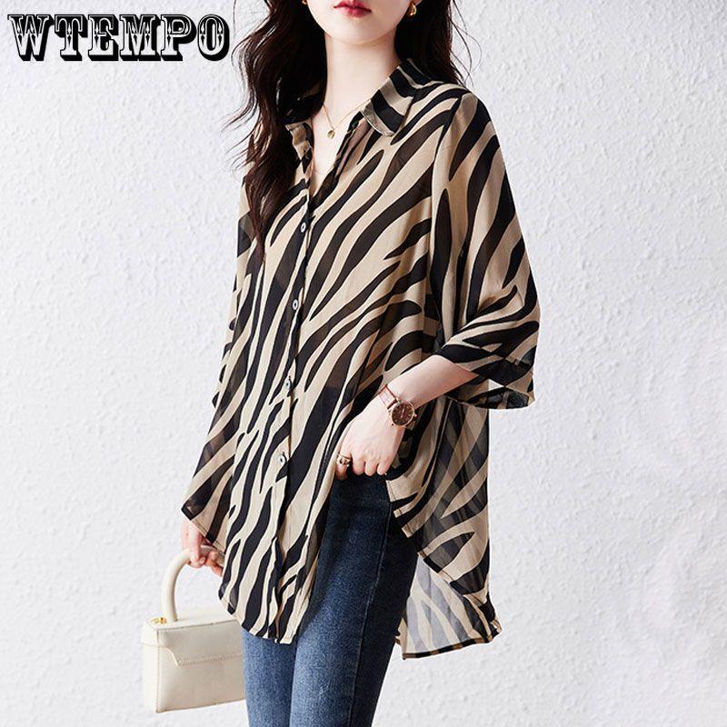 WTEMPO Women's Button Down Shirts Casual Hawaiian Shirts Long Sleeve Loose Fit Fashion Style Tops Curved Hem Shirt