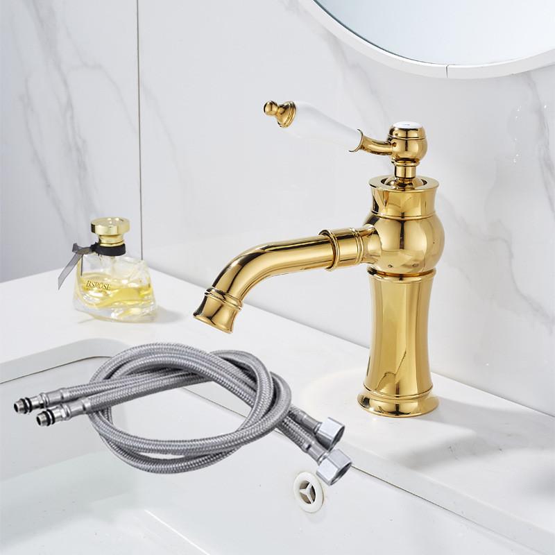 Tuqiu Gold Bathroom Faucet Total Brass Chrome Basin Faucet Cold And Hot Water Mixer Sink Tap Single Handle Deck Mounted Sink Tap