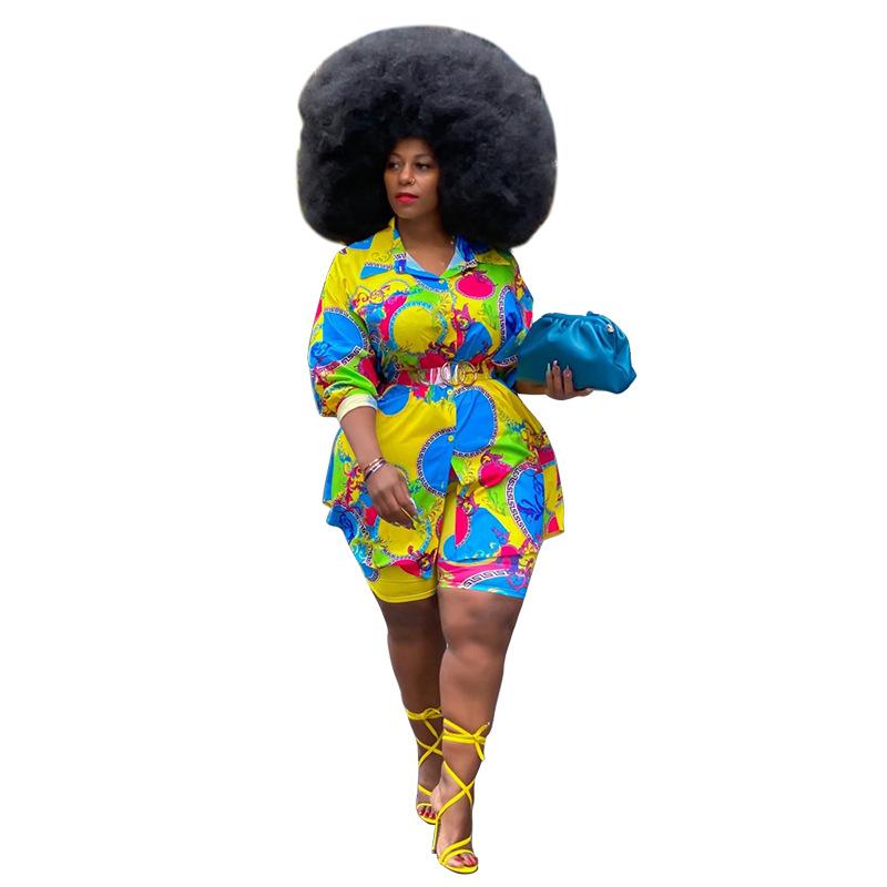 Plus Size Women's Lapel Colorful Print Fashion Sexy Two Piece Suit