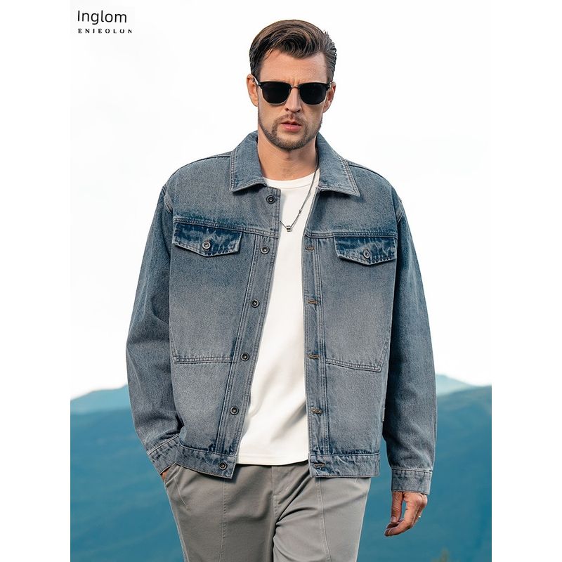 Yingjuelun Autumn and Winter Vintage Washed Distressed Lapel Denim Jacket Men's American High Street Workwear Denim Jacket Trendy