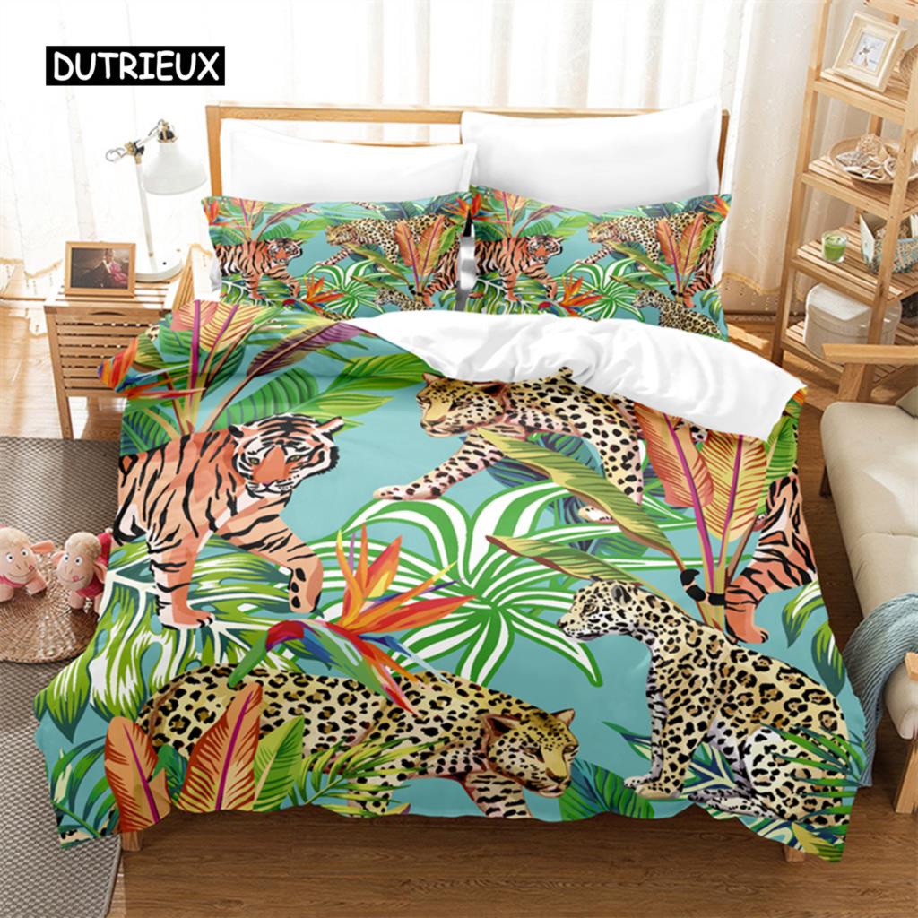 

Комплект постельного белья с изображением тропического леса и леопарда, комплект пододеяльников, постельное белье с 3D-принтом, комплект постельного белья размера «queen size», модный дизайн EU single(135x200cm)