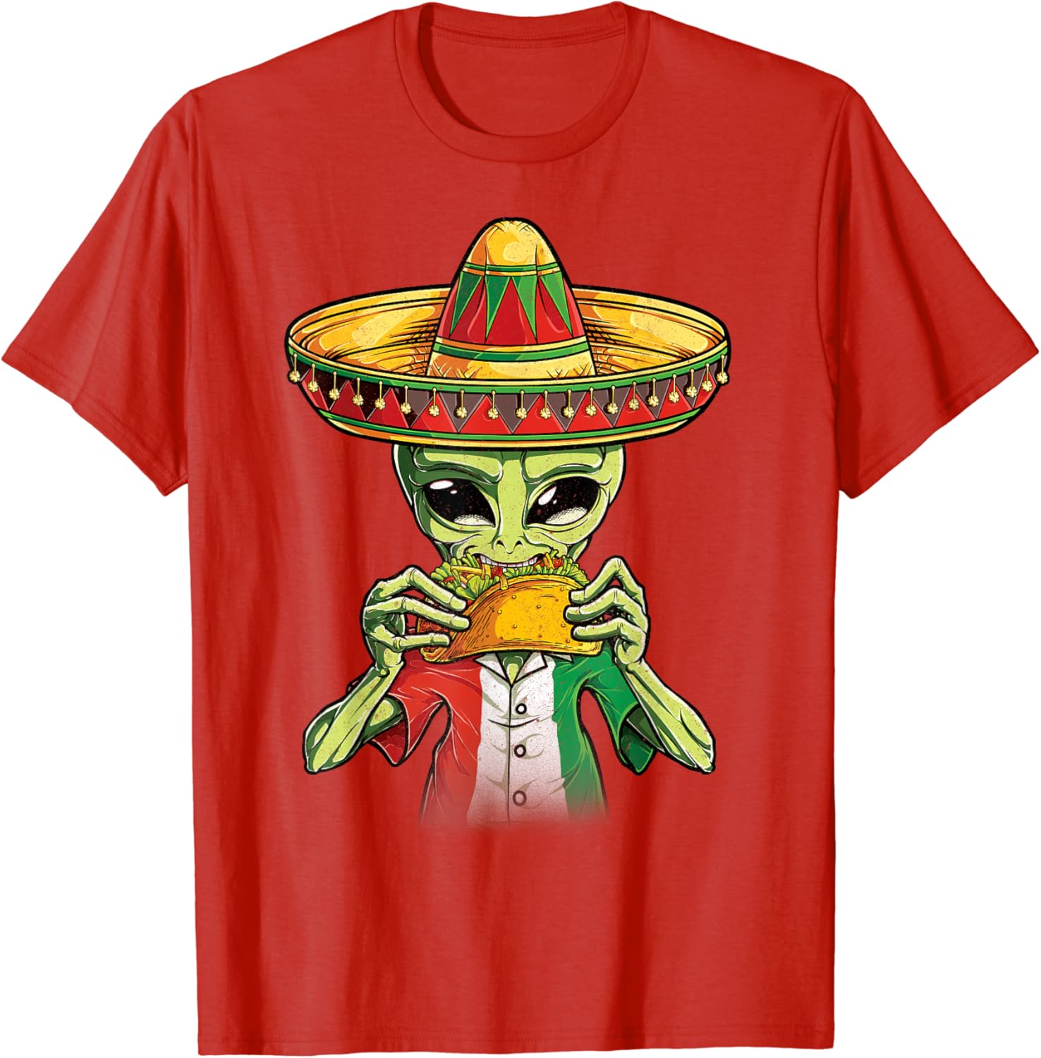 Alien Eating Taco T shirt Cinco De Mayo UFO Sombrero Flag S