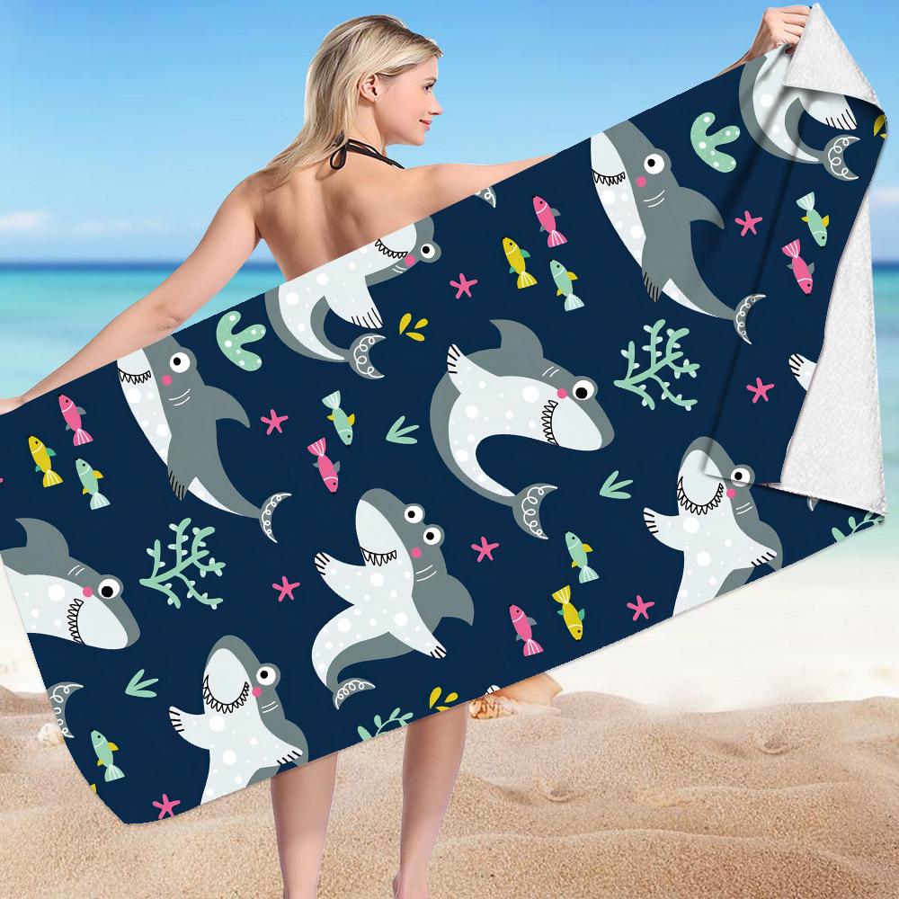 Cartoon Shark Series digital-printed polyester Superfine fiber double-sided fleece Beach vacation bath towel, beach towel