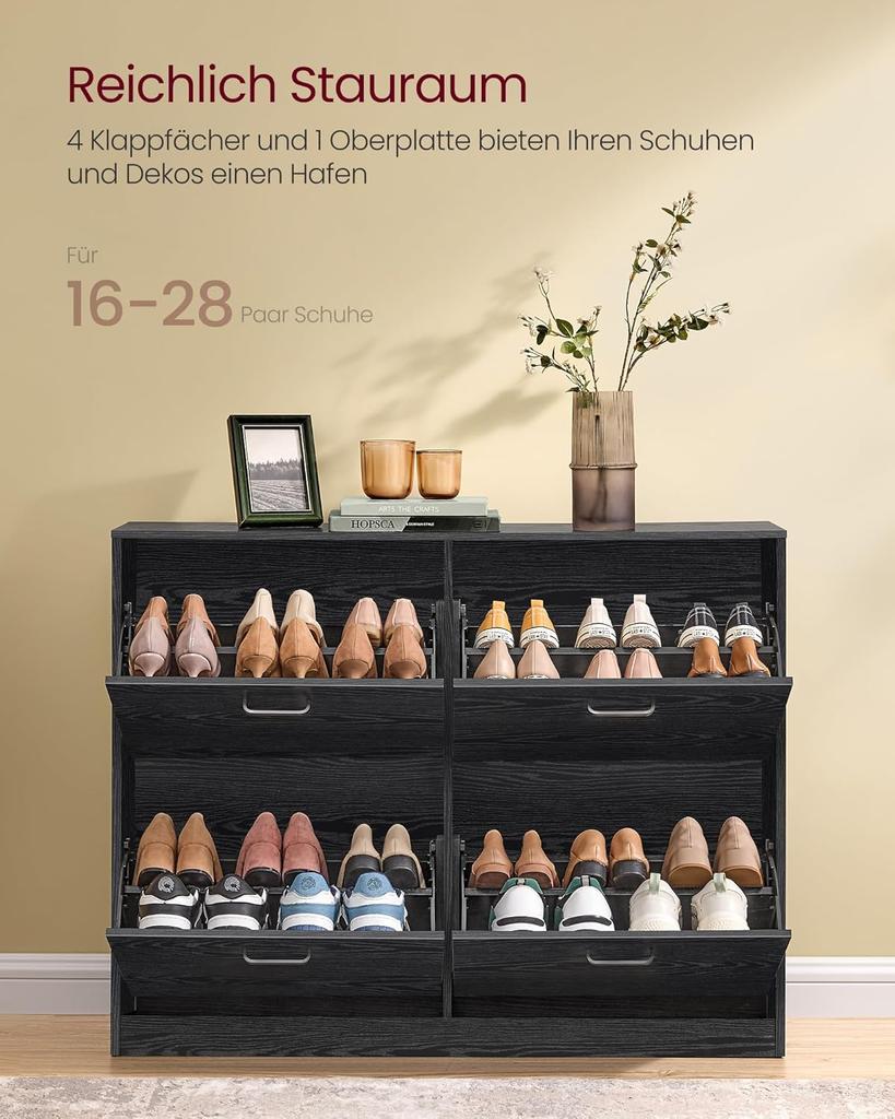 VASAGLE Shoe Cabinet 4 Flaps Shoe Rack Shoe Storage Divider Adjustable for 16-28 Pairs of Shoes Hallway 24 x 105.5 x 82.7 cm Ebony Black