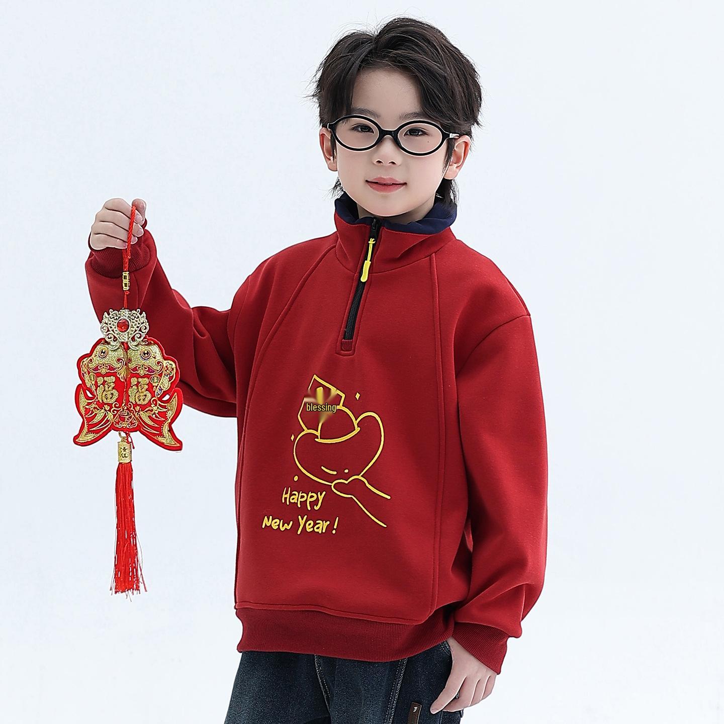 

2025 Red Fleece Lined Zodiac Hoodie for Boys - Year of the Horse, Autumn/Winter Style, Thickened for Middle/Big Kids 130 вина червоного кольору