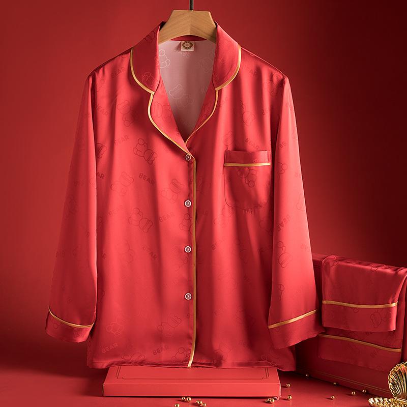 

Женский высококачественный пижамный комплект на весну и осень из шелка с длинными рукавами, домашняя одежда из 2 предметов, тонкая домашняя одежда с рисунком медведя из мультфильма M красный