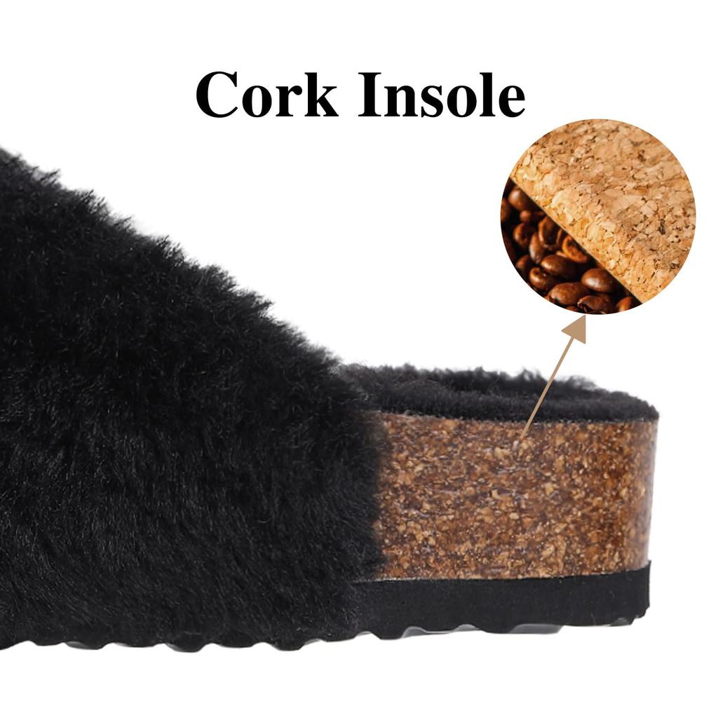 Fashion Shevalues New Fur Fluffy Slippers Women Winter Home Fuzzy Slippers Open Toe Cork Slides Female Indoor Double buckle Flat Sandals